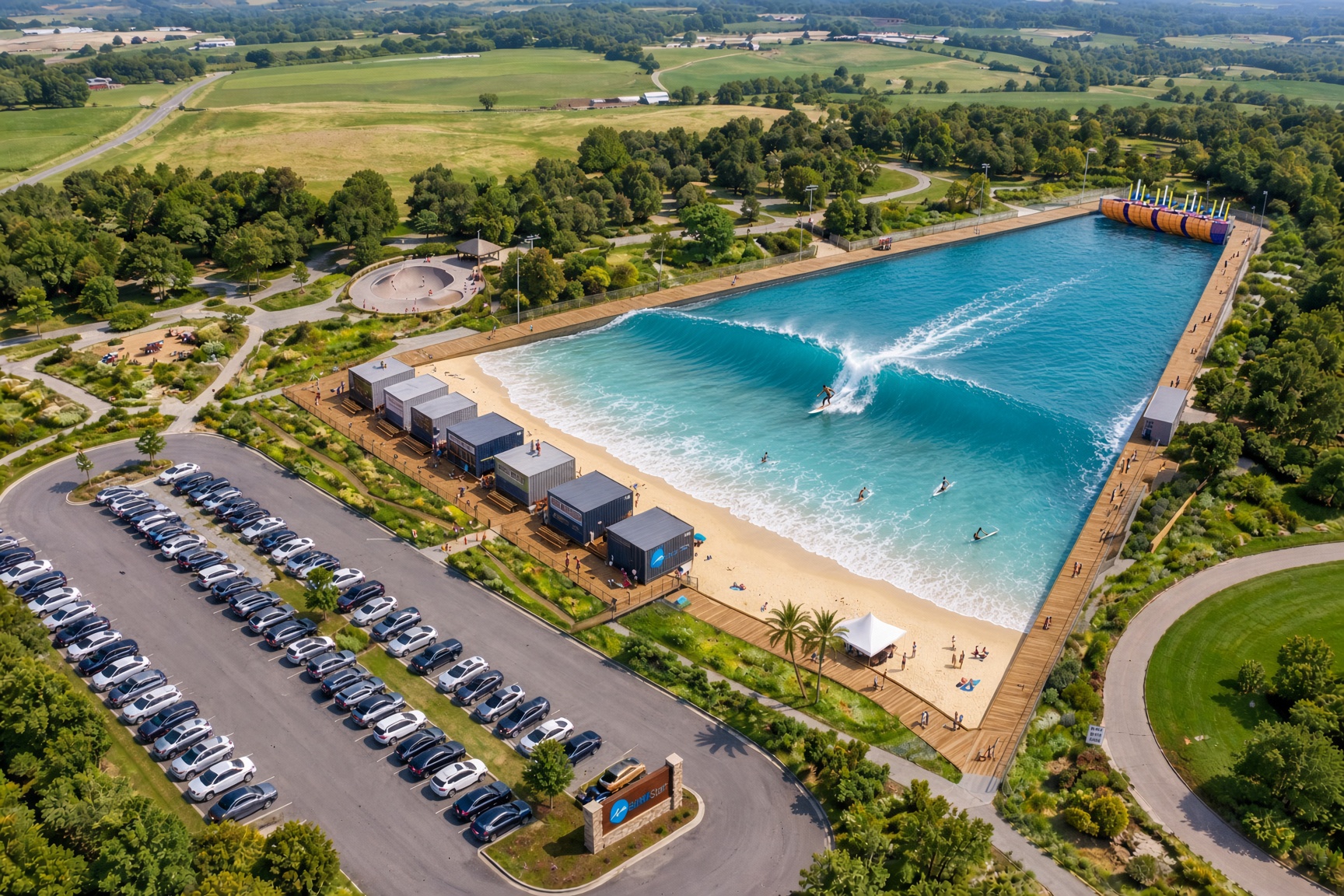 Same compact lagoon type: one basin, beach, parking, plant at the head